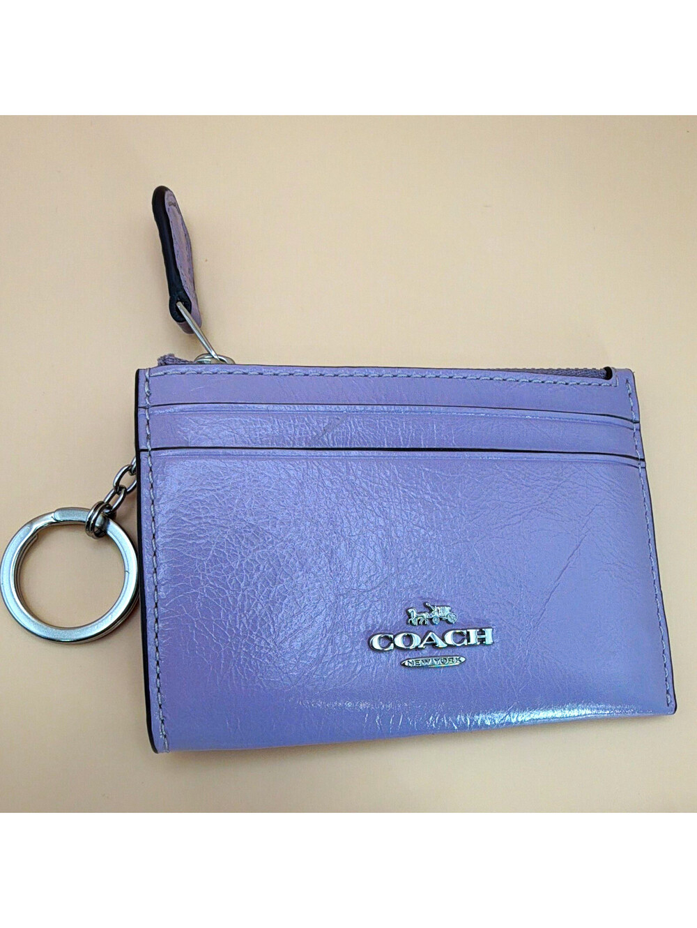 Coach Light Amethyst Leather Zip ID Holder w/ ID Window & Key Ring, CEC47